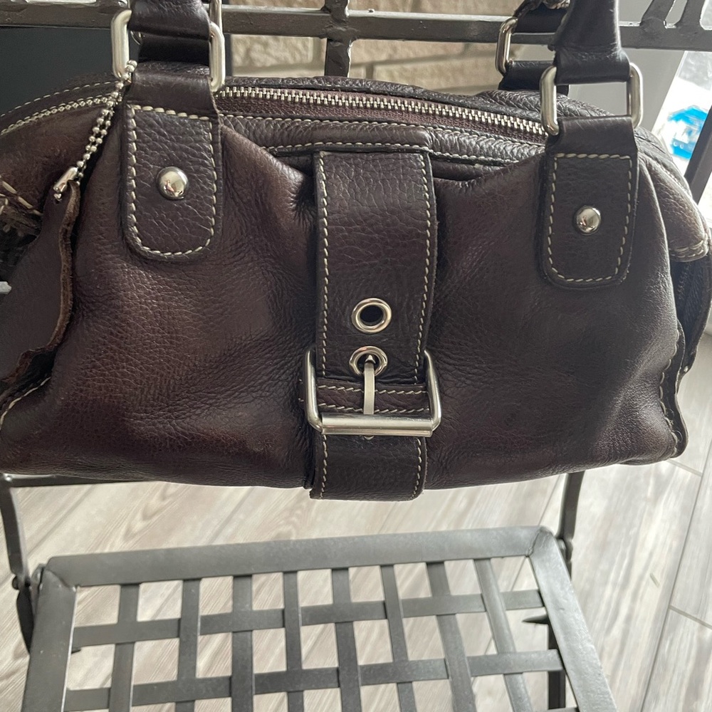 Roots Brown  pebbled leather satchel - bowler bag- zip top- genuine leather.